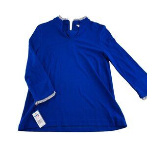 Crown‎ & Ivy Petite Womens Blue Blouse With Striped Trim PM Petite Medium NWT